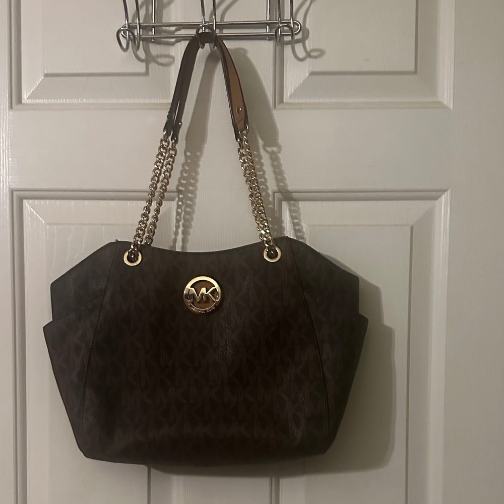 Michael Kors Dark Brown Shoulder Bag with Gold Accents